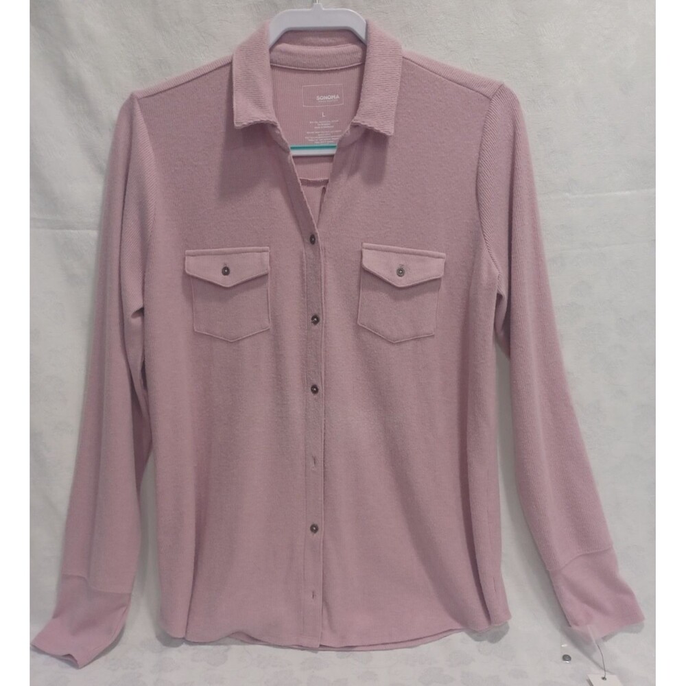 SONOMA GOODS FOR LIFE LONG SLEEVE BUTTON DOWN WOMENS LILAC SWEATER TOP SZ LG NWT